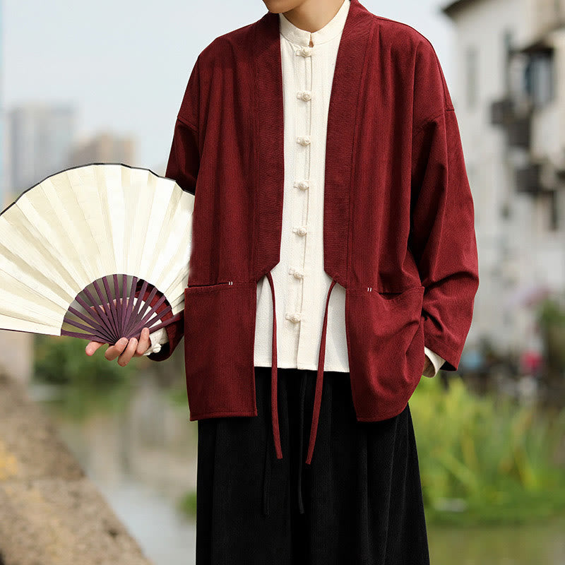 Nimara Ritual Solid Color Open Front Long Sleeve Jacket Men's Cotton Corduroy Kimono With Pockets