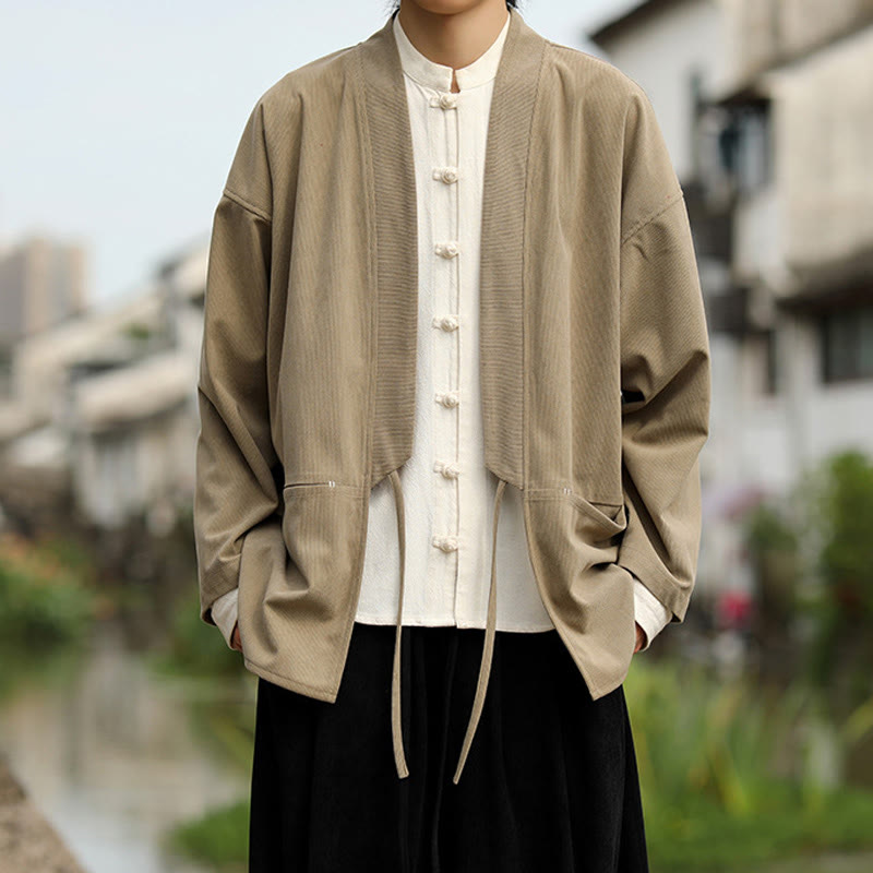 Nimara Ritual Solid Color Open Front Long Sleeve Jacket Men's Cotton Corduroy Kimono With Pockets