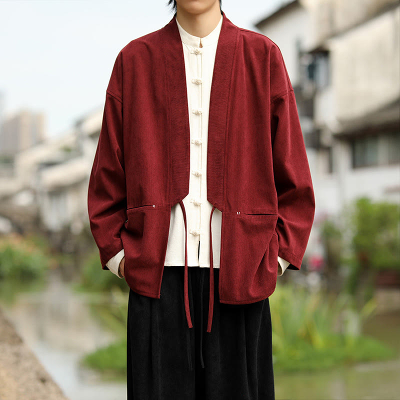 Nimara Ritual Solid Color Open Front Long Sleeve Jacket Men's Cotton Corduroy Kimono With Pockets