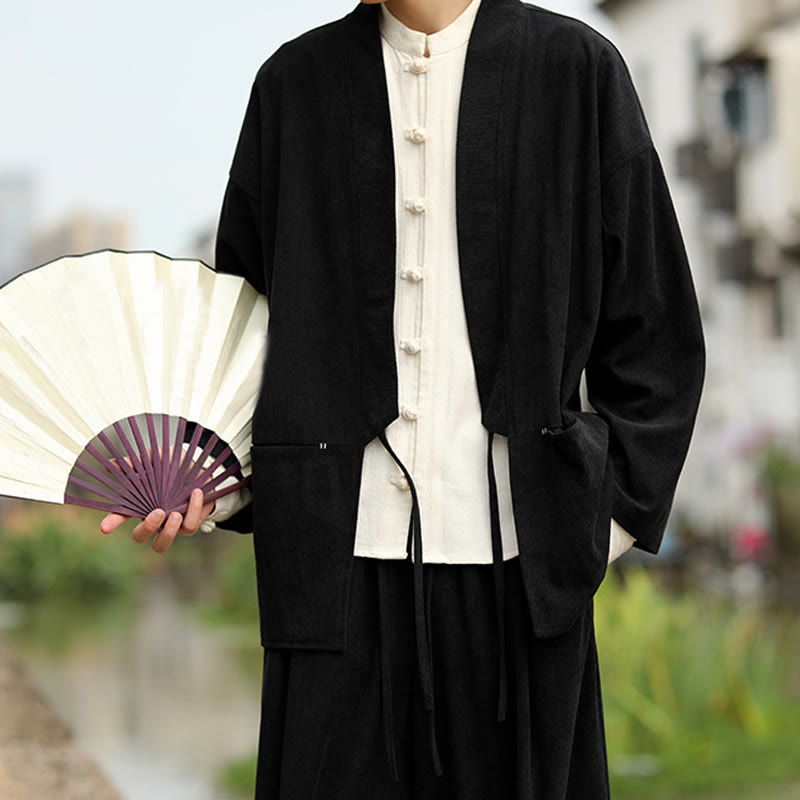 Nimara Ritual Solid Color Open Front Long Sleeve Jacket Men's Cotton Corduroy Kimono With Pockets
