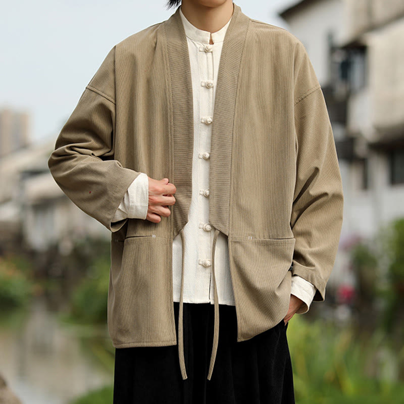 Nimara Ritual Solid Color Open Front Long Sleeve Jacket Men's Cotton Corduroy Kimono With Pockets