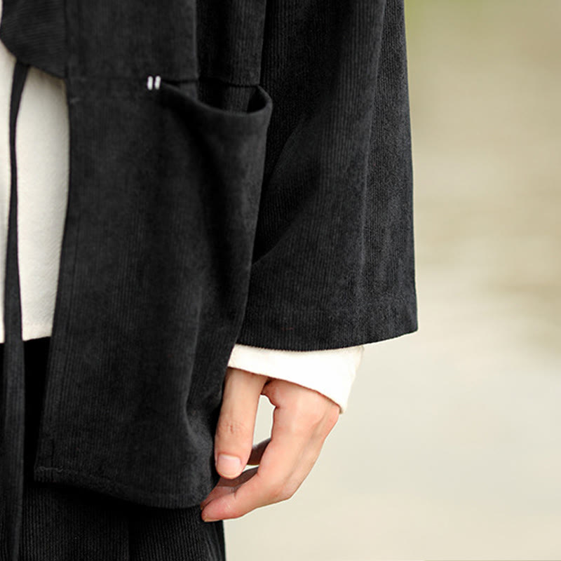 Nimara Ritual Solid Color Open Front Long Sleeve Jacket Men's Cotton Corduroy Kimono With Pockets
