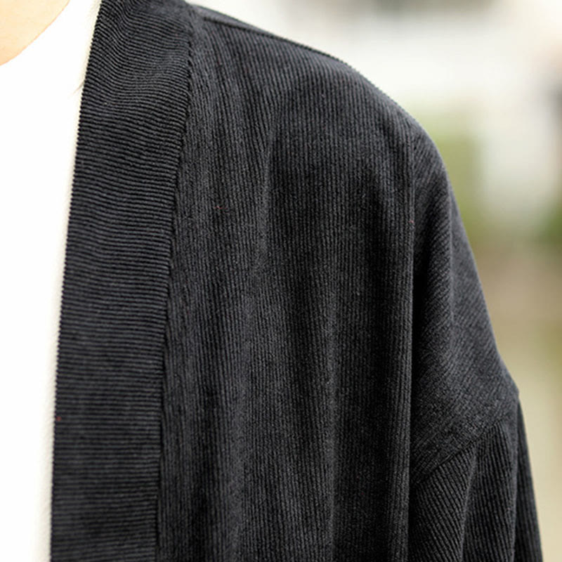 Nimara Ritual Solid Color Open Front Long Sleeve Jacket Men's Cotton Corduroy Kimono With Pockets