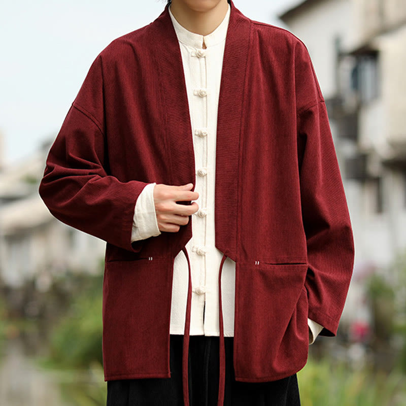Nimara Ritual Solid Color Open Front Long Sleeve Jacket Men's Cotton Corduroy Kimono With Pockets