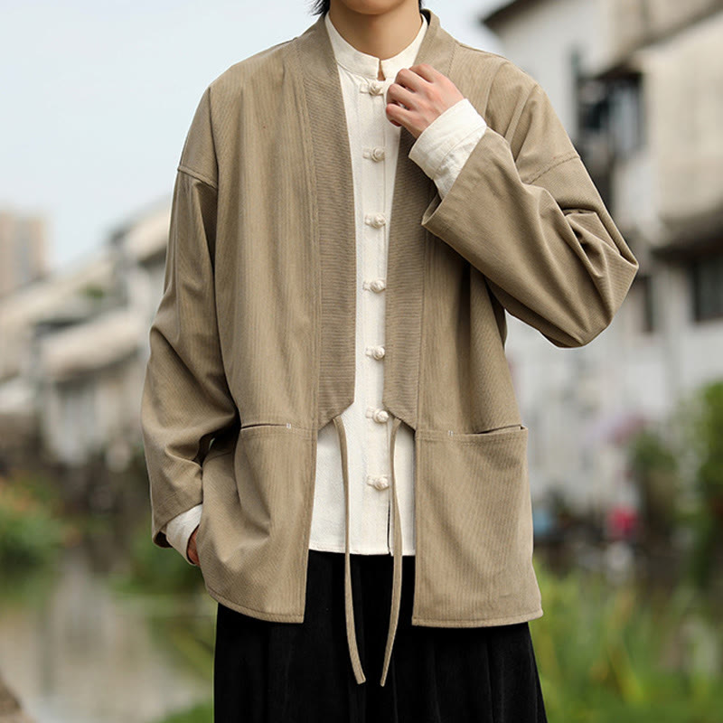 Nimara Ritual Solid Color Open Front Long Sleeve Jacket Men's Cotton Corduroy Kimono With Pockets