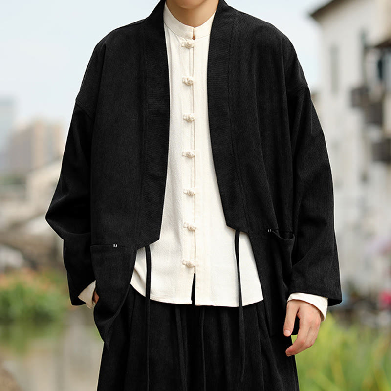Nimara Ritual Solid Color Open Front Long Sleeve Jacket Men's Cotton Corduroy Kimono With Pockets