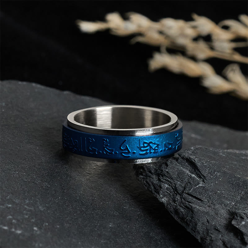 Nimara Ritual Tibetan Scriptures Blue Pharmacist Mantra Titanium Steel Spinner Balance Ring