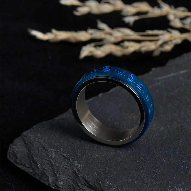 Nimara Ritual Tibetan Scriptures Blue Pharmacist Mantra Titanium Steel Spinner Balance Ring