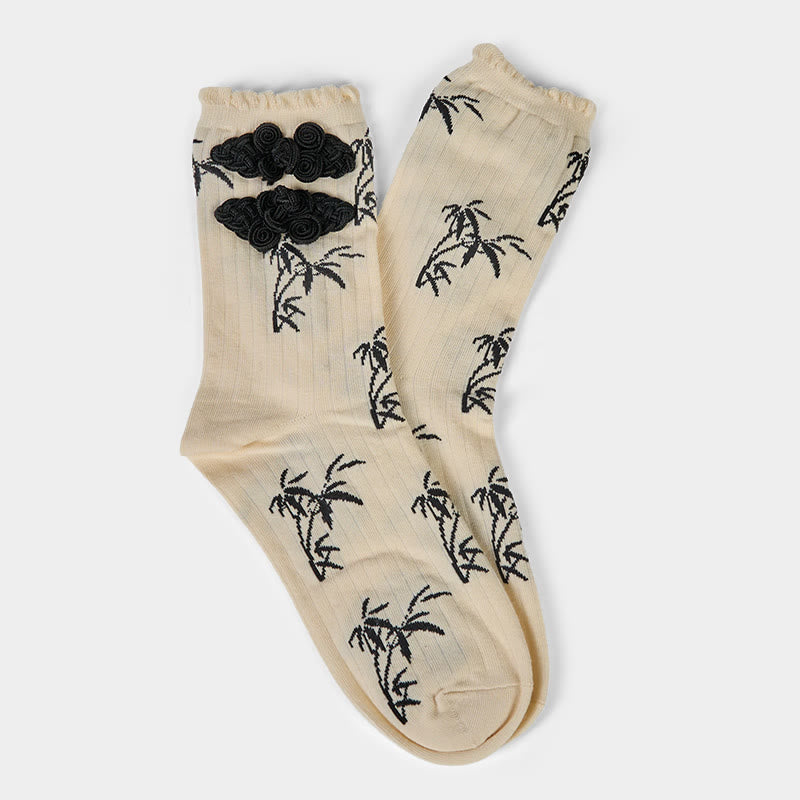 Nimara Ritual Chinese Frog-Button Design Jacquard Bamboo Pattern Micro Crew Women's Socks