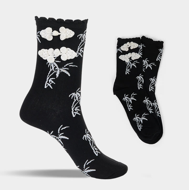 Nimara Ritual Chinese Frog-Button Design Jacquard Bamboo Pattern Micro Crew Women's Socks