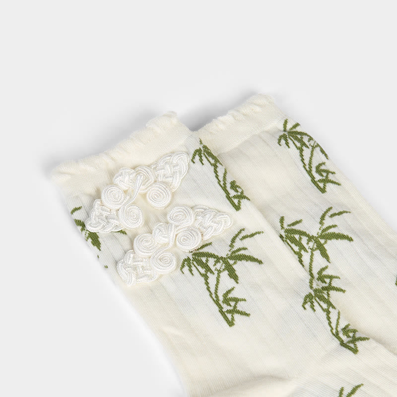 Nimara Ritual Chinese Frog-Button Design Jacquard Bamboo Pattern Micro Crew Women's Socks