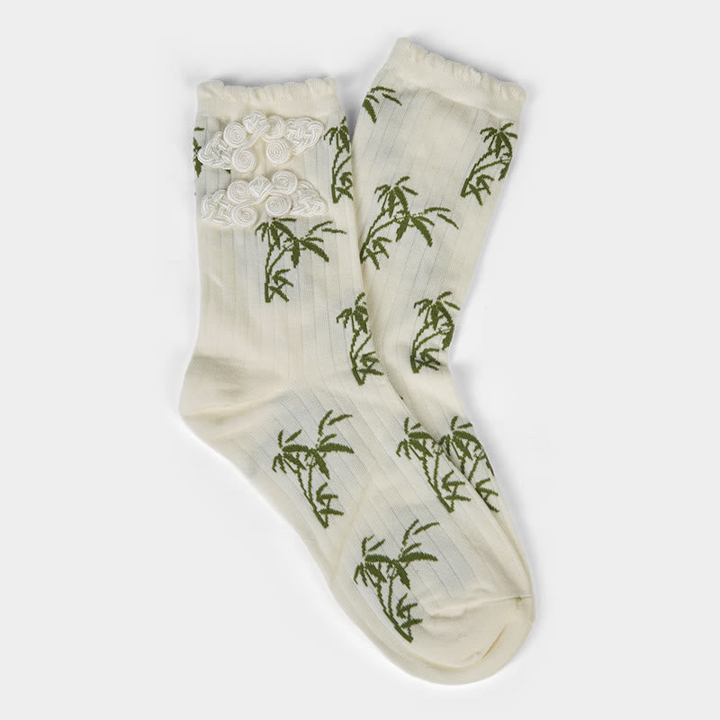 Nimara Ritual Chinese Frog-Button Design Jacquard Bamboo Pattern Micro Crew Women's Socks