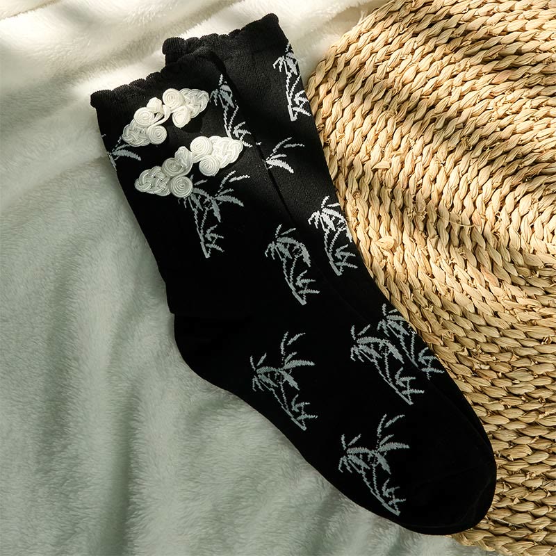 Nimara Ritual Chinese Frog-Button Design Jacquard Bamboo Pattern Micro Crew Women's Socks