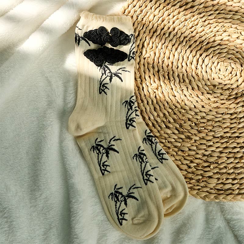 Nimara Ritual Chinese Frog-Button Design Jacquard Bamboo Pattern Micro Crew Women's Socks