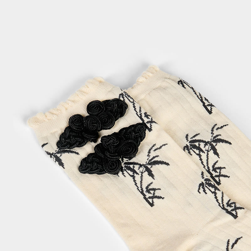 Nimara Ritual Chinese Frog-Button Design Jacquard Bamboo Pattern Micro Crew Women's Socks