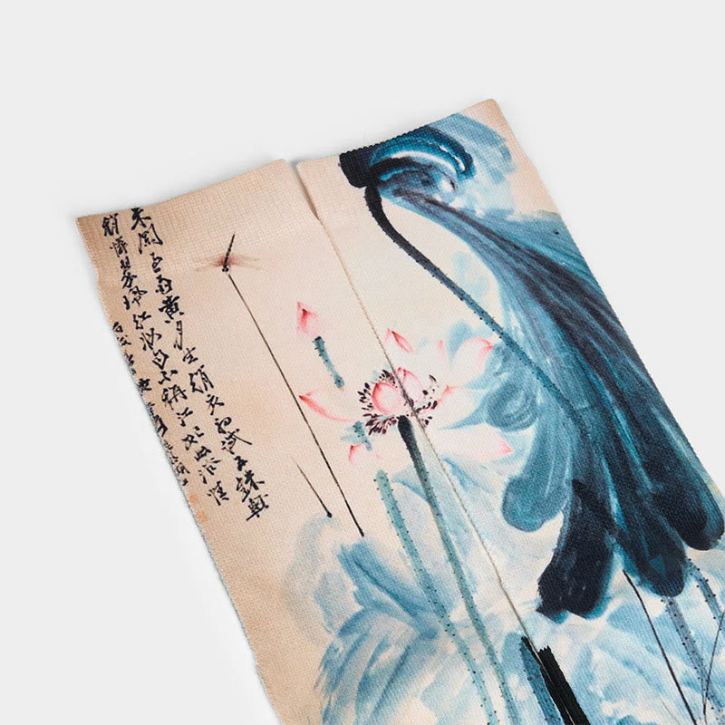 Nimara Ritual Casual Lotus Chinese Landscape Painting Micro Crew Men Women Unisex Socks