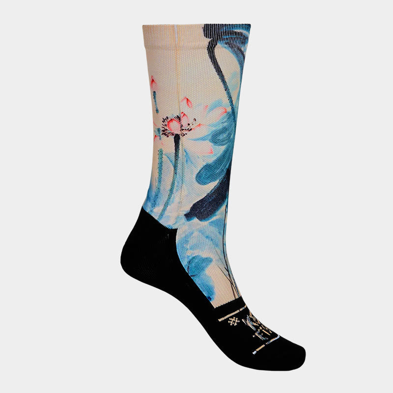 Nimara Ritual Casual Lotus Chinese Landscape Painting Micro Crew Men Women Unisex Socks