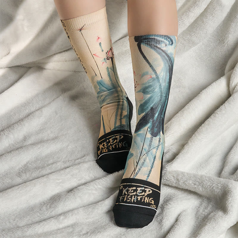 Nimara Ritual Casual Lotus Chinese Landscape Painting Micro Crew Men Women Unisex Socks