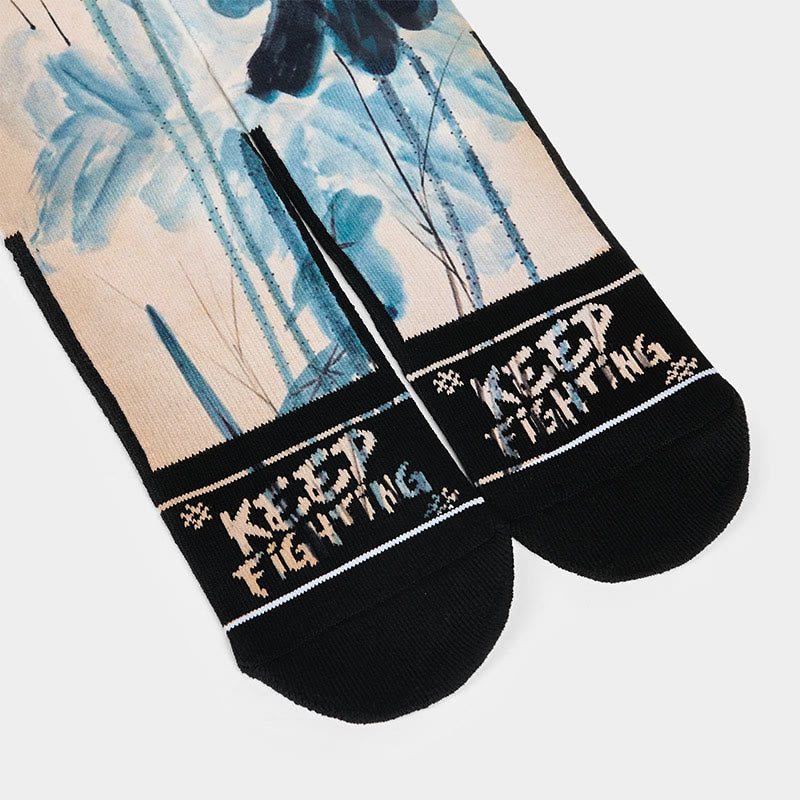 Nimara Ritual Casual Lotus Chinese Landscape Painting Micro Crew Men Women Unisex Socks