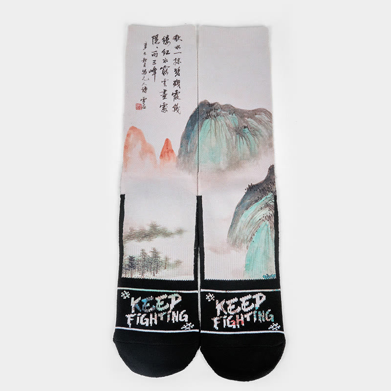 Nimara Ritual Casual Lotus Chinese Landscape Painting Micro Crew Men Women Unisex Socks