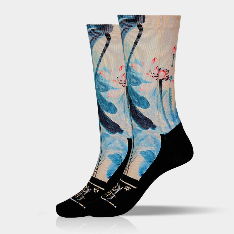 Nimara Ritual Casual Lotus Chinese Landscape Painting Micro Crew Men Women Unisex Socks