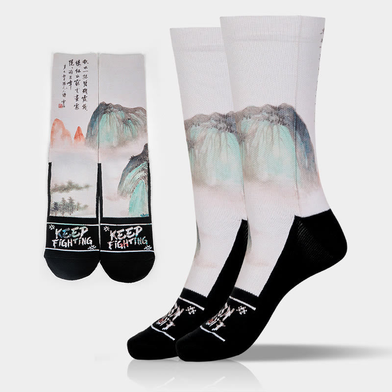 Nimara Ritual Casual Lotus Chinese Landscape Painting Micro Crew Men Women Unisex Socks