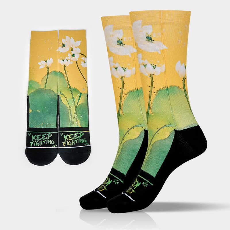 Nimara Ritual Casual Beige Lotus Flowers Leaves Micro Crew Men Women Unisex Socks