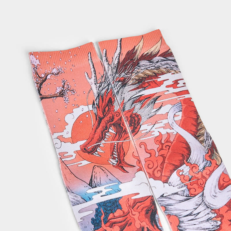 Nimara Ritual Casual Red Dragon Volcano Sun Tree Mountains Micro Crew Men Women Unisex Socks