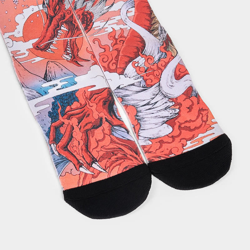 Nimara Ritual Casual Red Dragon Volcano Sun Tree Mountains Micro Crew Men Women Unisex Socks