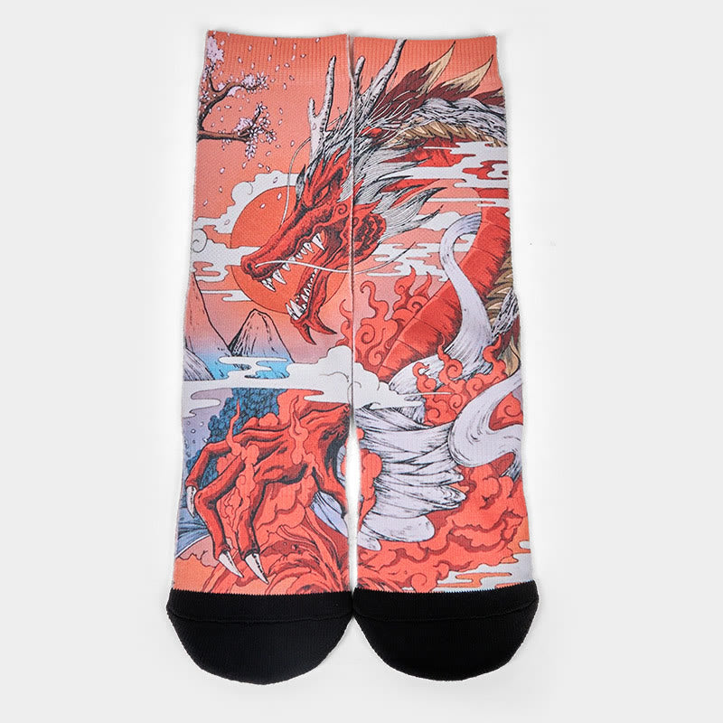 Nimara Ritual Casual Red Dragon Volcano Sun Tree Mountains Micro Crew Men Women Unisex Socks