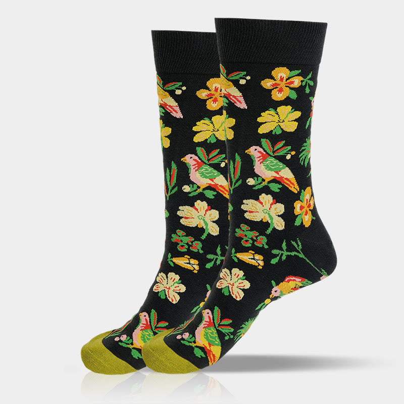 Nimara Ritual Blooming Flower Bird Pattern Men Women Unisex Cotton Crew Socks