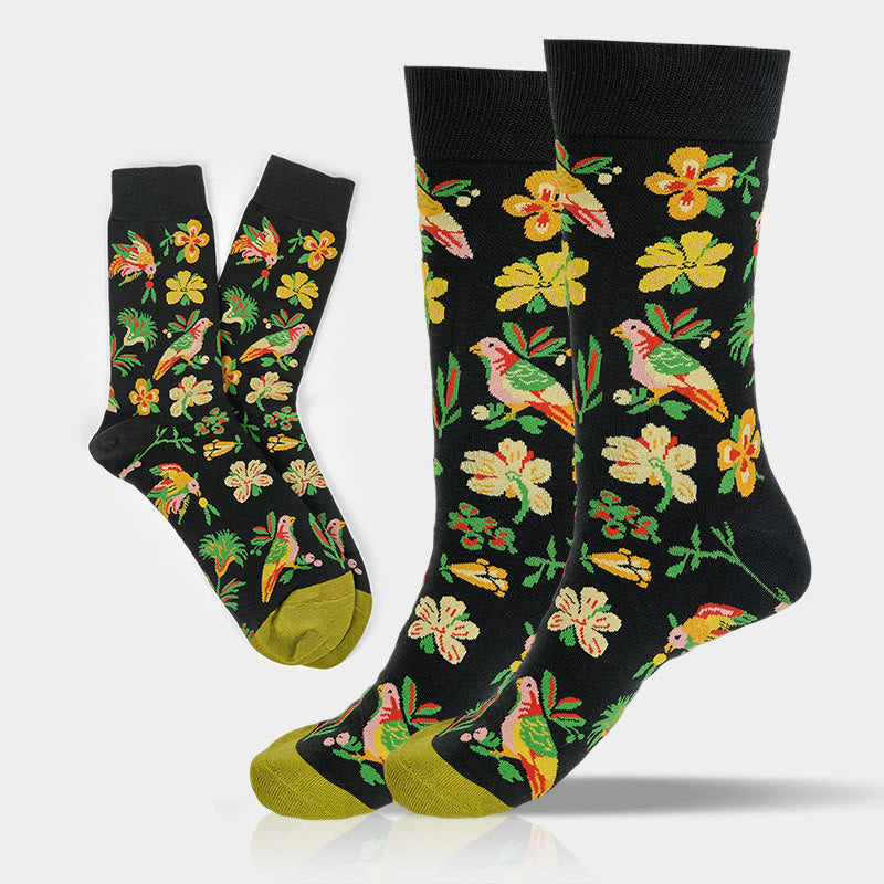 Nimara Ritual Blooming Flower Bird Pattern Men Women Unisex Cotton Crew Socks
