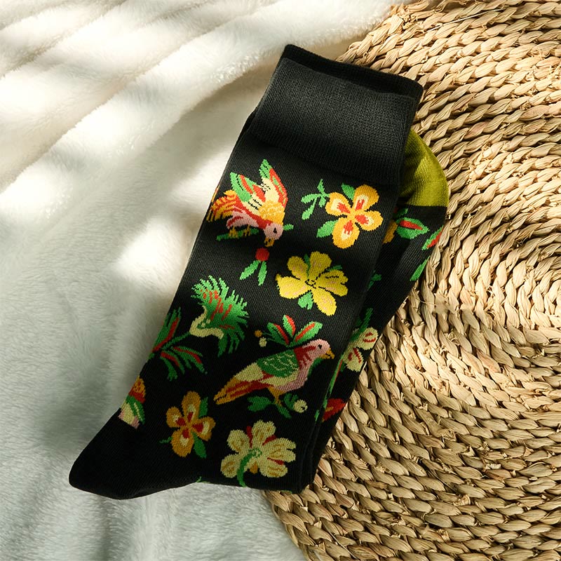Nimara Ritual Blooming Flower Bird Pattern Men Women Unisex Cotton Crew Socks