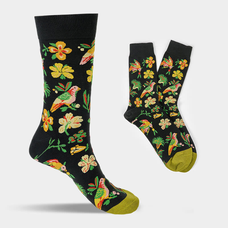Nimara Ritual Blooming Flower Bird Pattern Men Women Unisex Cotton Crew Socks