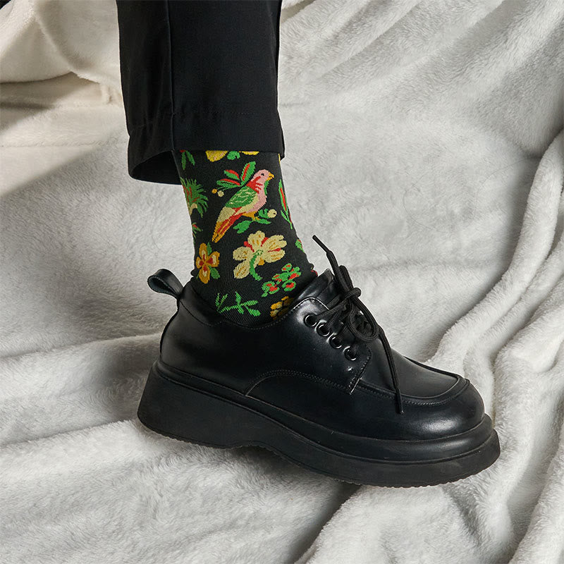 Nimara Ritual Blooming Flower Bird Pattern Men Women Unisex Cotton Crew Socks