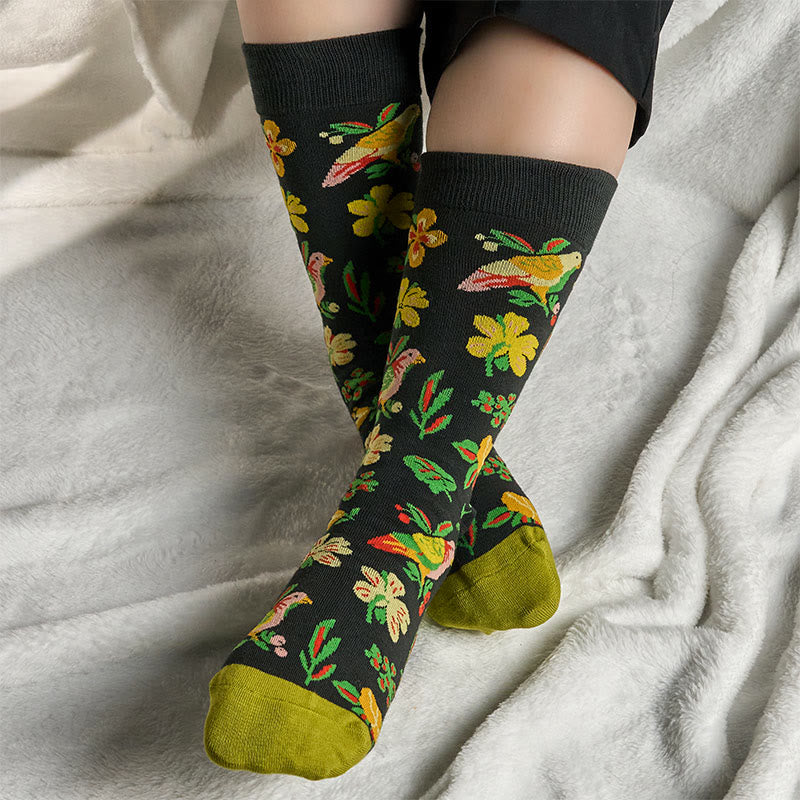 Nimara Ritual Blooming Flower Bird Pattern Men Women Unisex Cotton Crew Socks