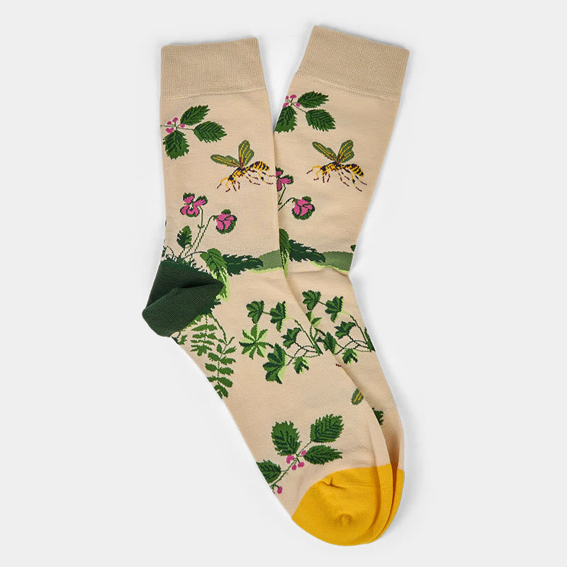 Nimara Ritual Bee Frog Leaves Pattern Men Women Unisex Cotton Crew Socks