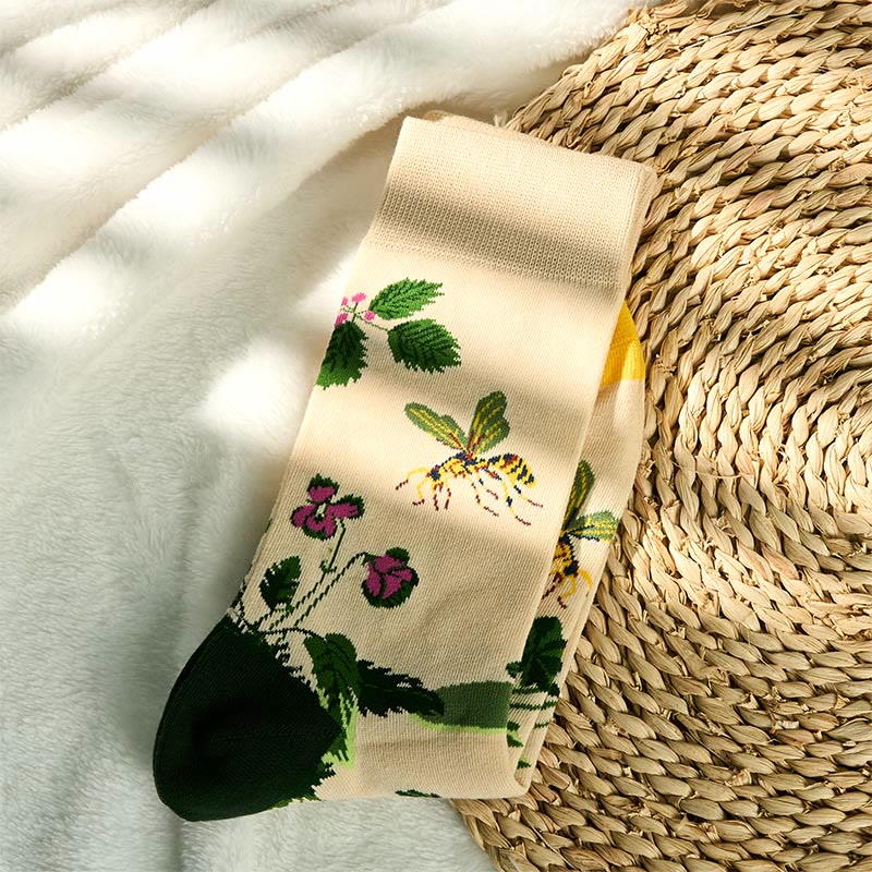 Nimara Ritual Bee Frog Leaves Pattern Men Women Unisex Cotton Crew Socks