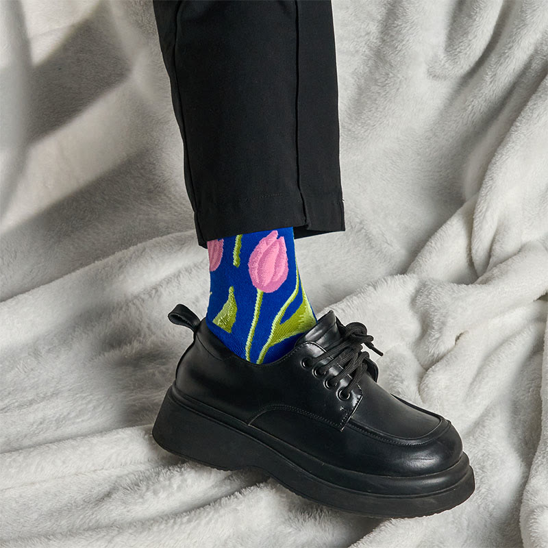 Nimara Ritual Mediumblue Tulip Pattern Men Women Unisex Cotton Crew Socks