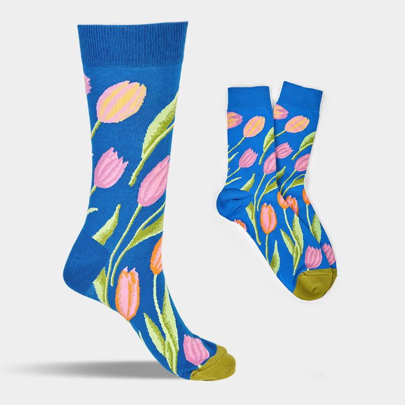 Nimara Ritual Mediumblue Tulip Pattern Men Women Unisex Cotton Crew Socks