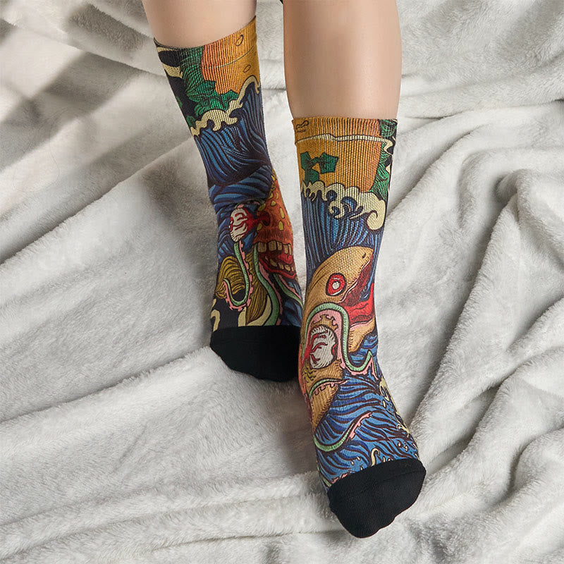 Nimara Ritual Casual Vivid Fish Flowing Waves Micro Crew Men Women Unisex Socks