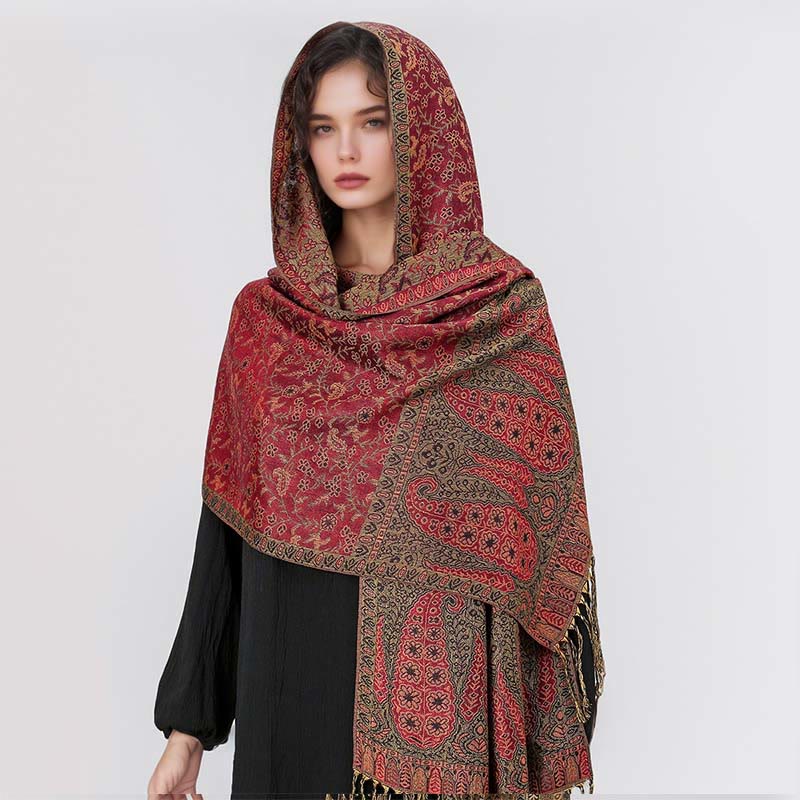 Nimara Ritual Tibetan Jacquard Paisley Flower Pattern Color Contrast Design Tassel Cozy Scarf Shawl