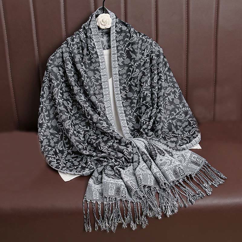 Nimara Ritual Tibetan Jacquard Paisley Flower Pattern Color Contrast Design Tassel Cozy Scarf Shawl