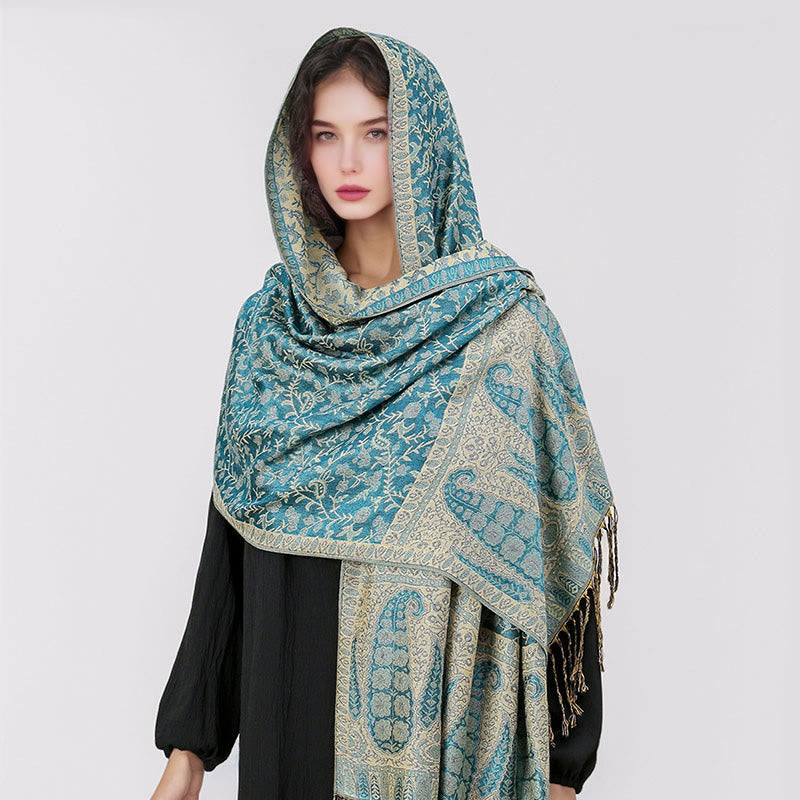 Nimara Ritual Tibetan Jacquard Paisley Flower Pattern Color Contrast Design Tassel Cozy Scarf Shawl