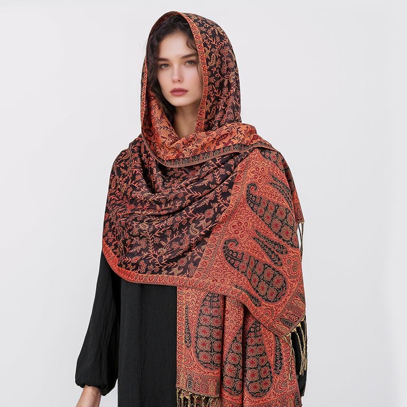 Nimara Ritual Tibetan Jacquard Paisley Flower Pattern Color Contrast Design Tassel Cozy Scarf Shawl