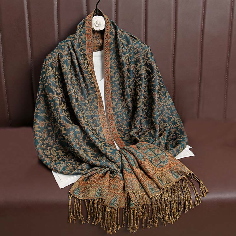 Nimara Ritual Tibetan Jacquard Paisley Flower Pattern Color Contrast Design Tassel Cozy Scarf Shawl