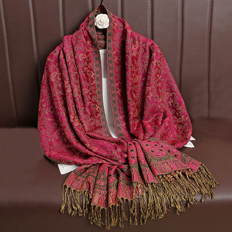 Nimara Ritual Tibetan Jacquard Paisley Flower Pattern Color Contrast Design Tassel Cozy Scarf Shawl