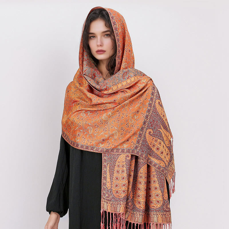 Nimara Ritual Tibetan Jacquard Paisley Flower Pattern Color Contrast Design Tassel Cozy Scarf Shawl