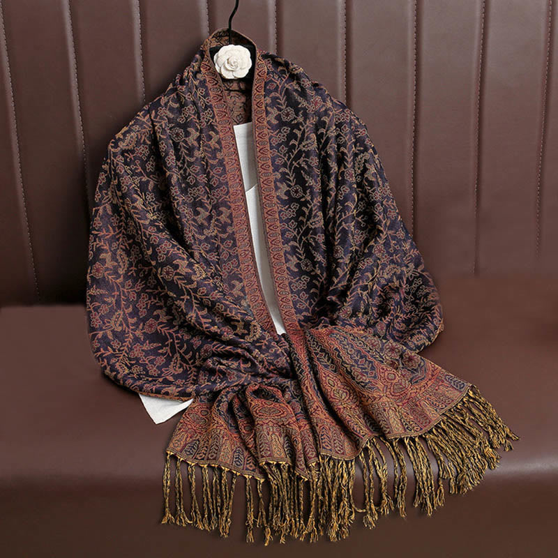 Nimara Ritual Tibetan Jacquard Paisley Flower Pattern Color Contrast Design Tassel Cozy Scarf Shawl
