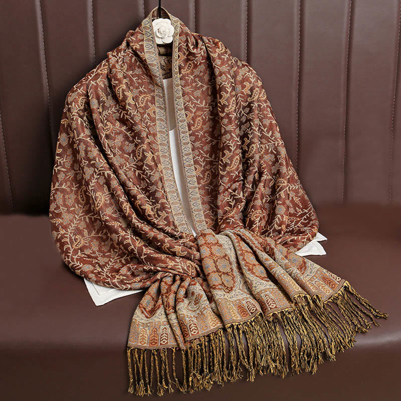 Nimara Ritual Tibetan Jacquard Paisley Flower Pattern Color Contrast Design Tassel Cozy Scarf Shawl